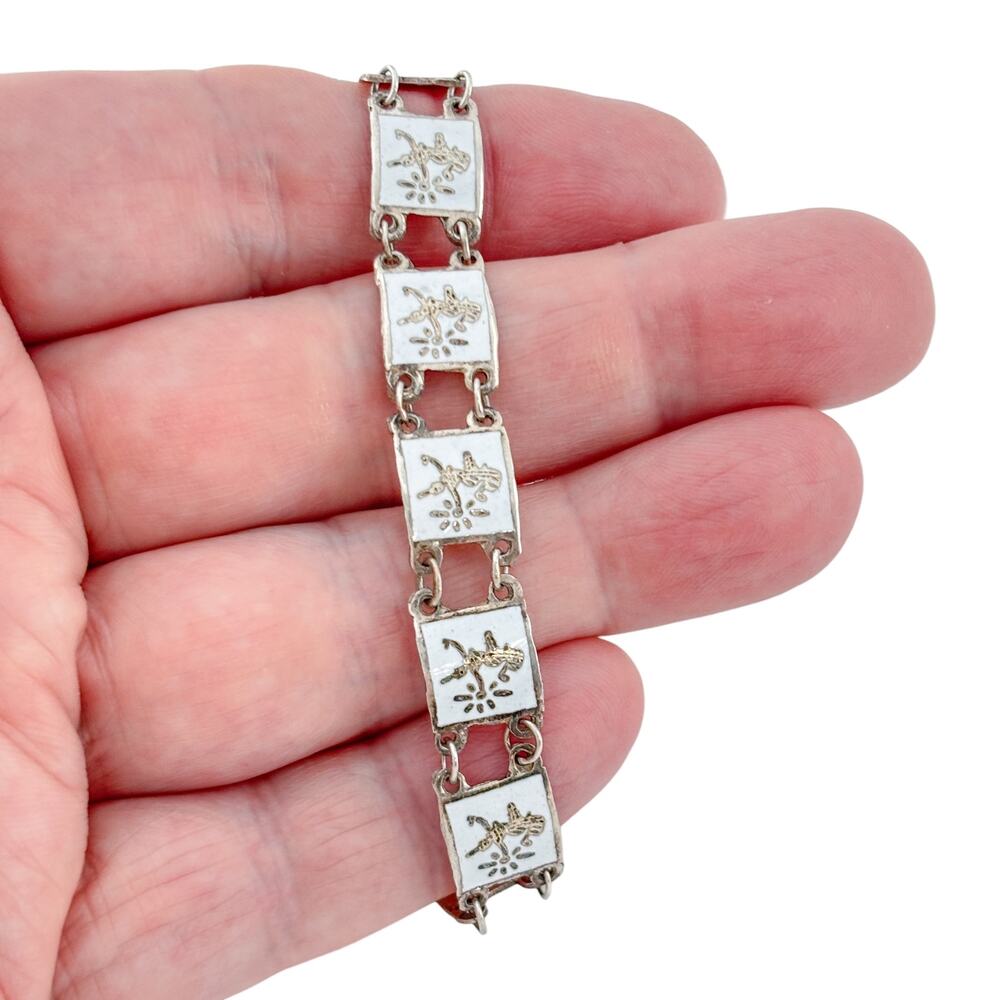 Vintage Sterling Silver 925 White Niello Siam Dancer Link Bracelet 7.25"